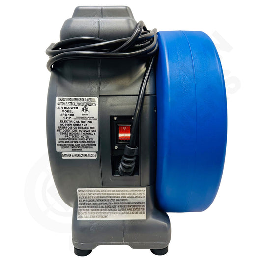Back view of a blue and gray PB-100 1.0 HP Blower with visible branding and certification labels on a white background.