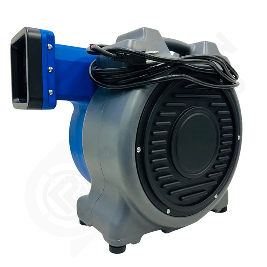 PB-100 1.0 HP Blower with blue exhaust and black blades on a white background