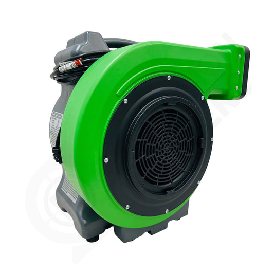 Green and gray industrial blower on a white background