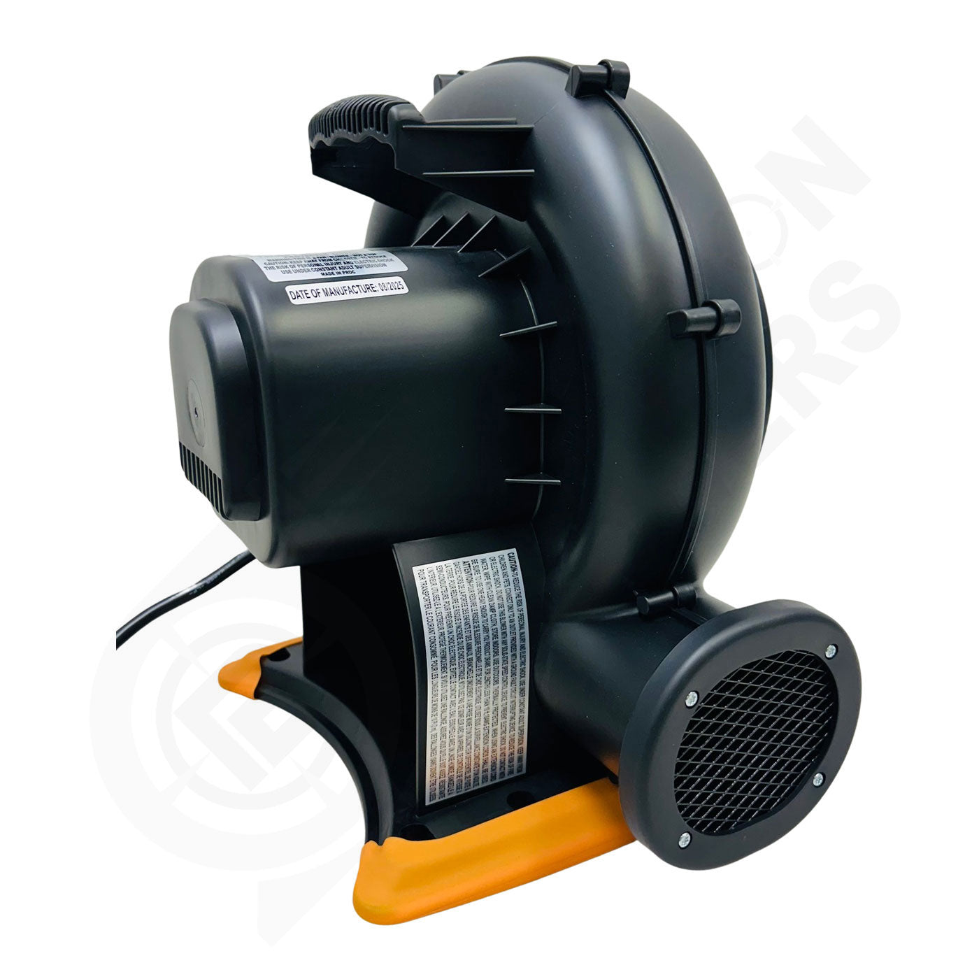 Black and orange industrial blower on a white background
