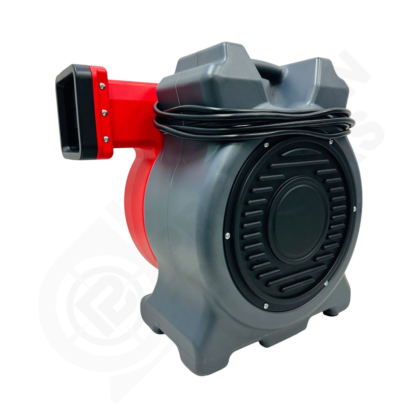 Gray and red industrial High Powered Blower for Bounce Houses on a white background