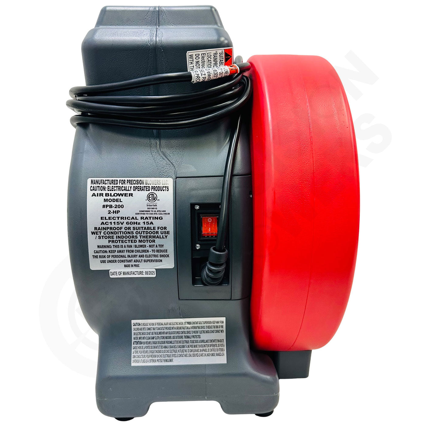 Back view of a gray air blower with a red wheel on a white background