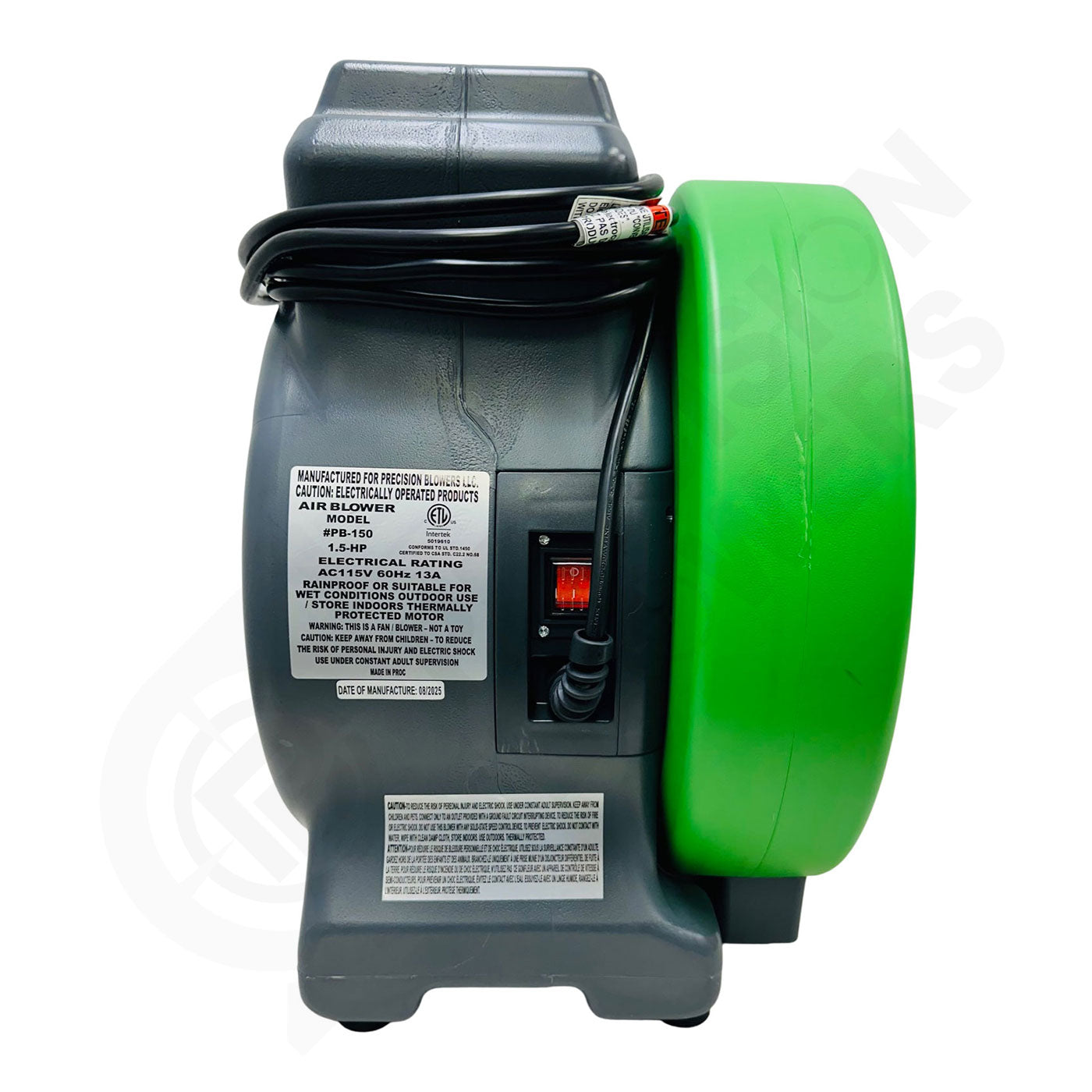 Back view of a green and gray industrial fan on a white background