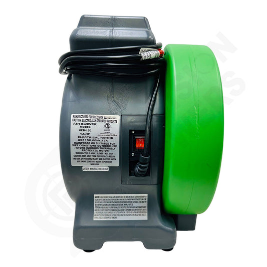 Back view of a green and gray industrial fan on a white background