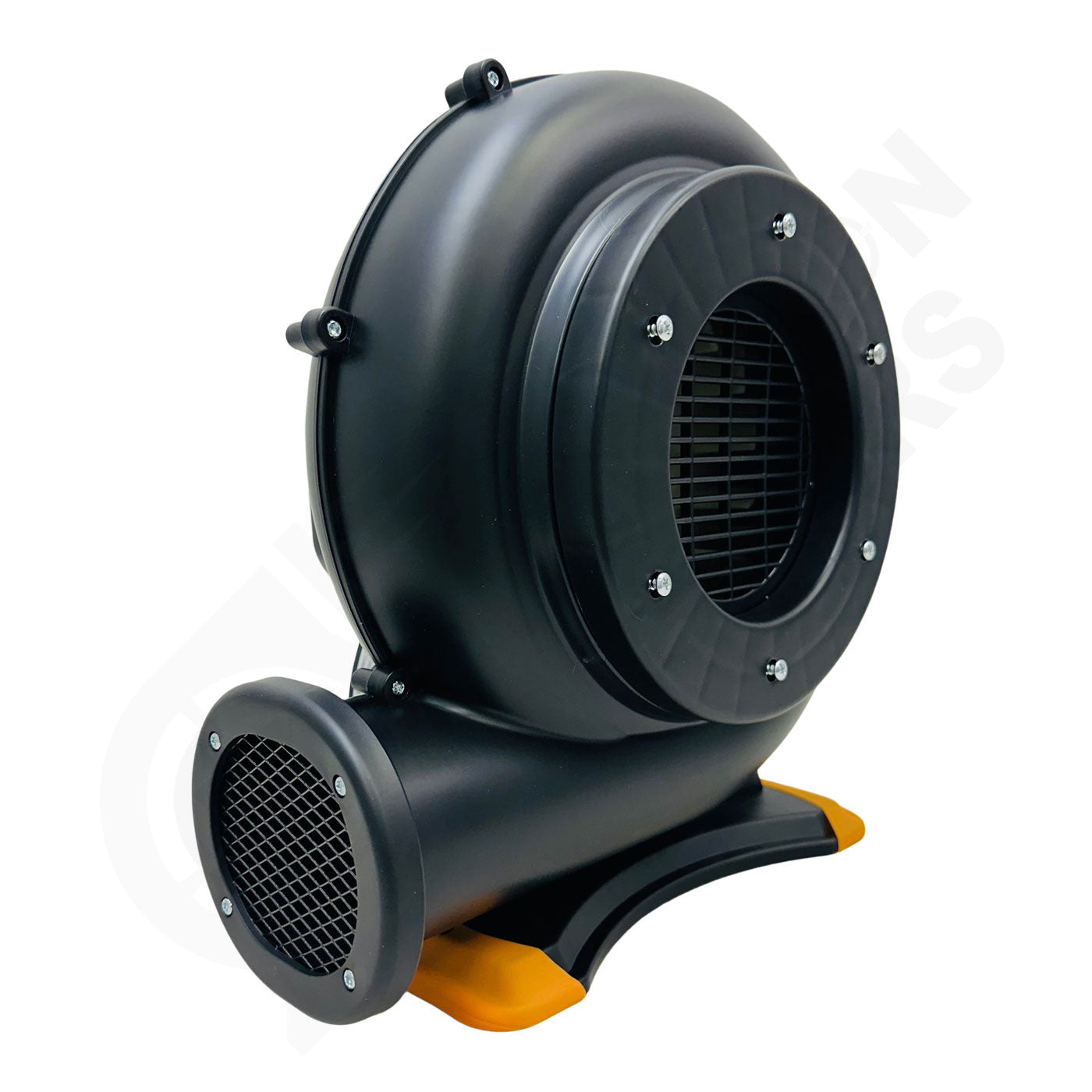 Black industrial fan with orange base on a white background