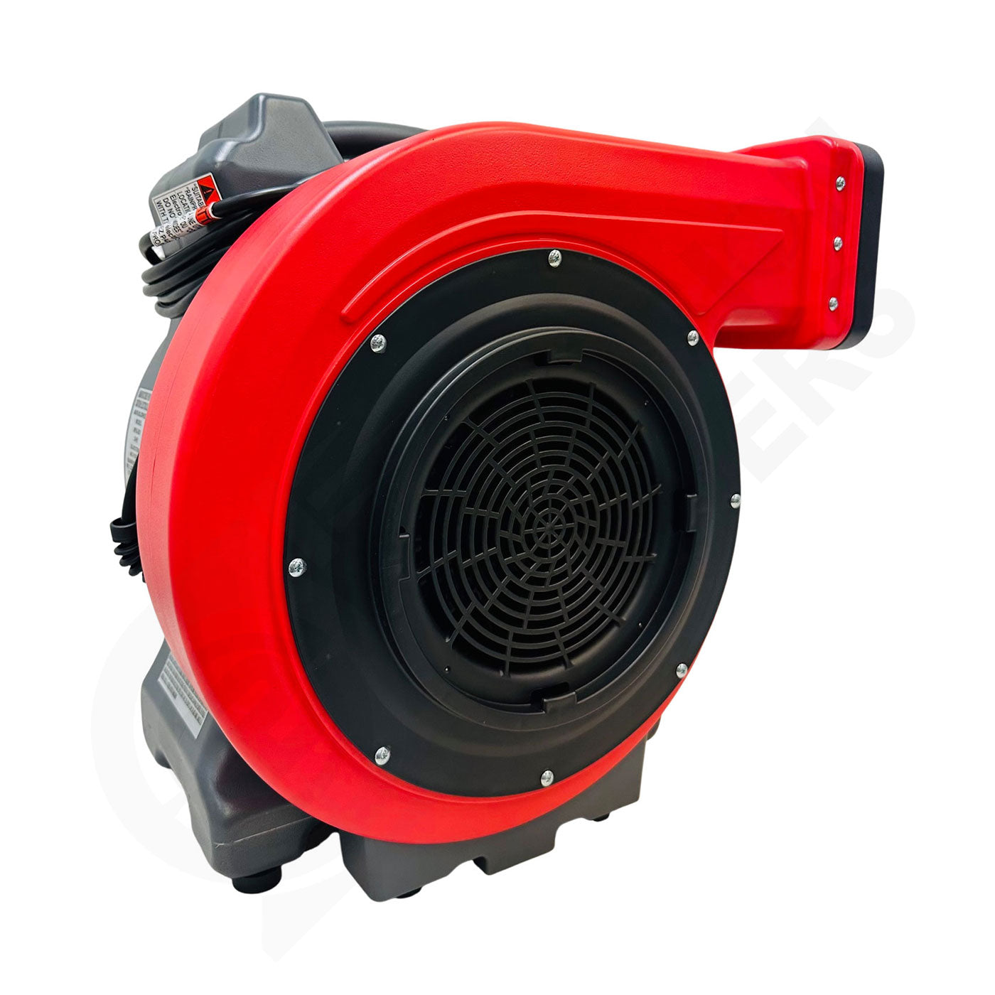 Red and black industrial fan on a white background